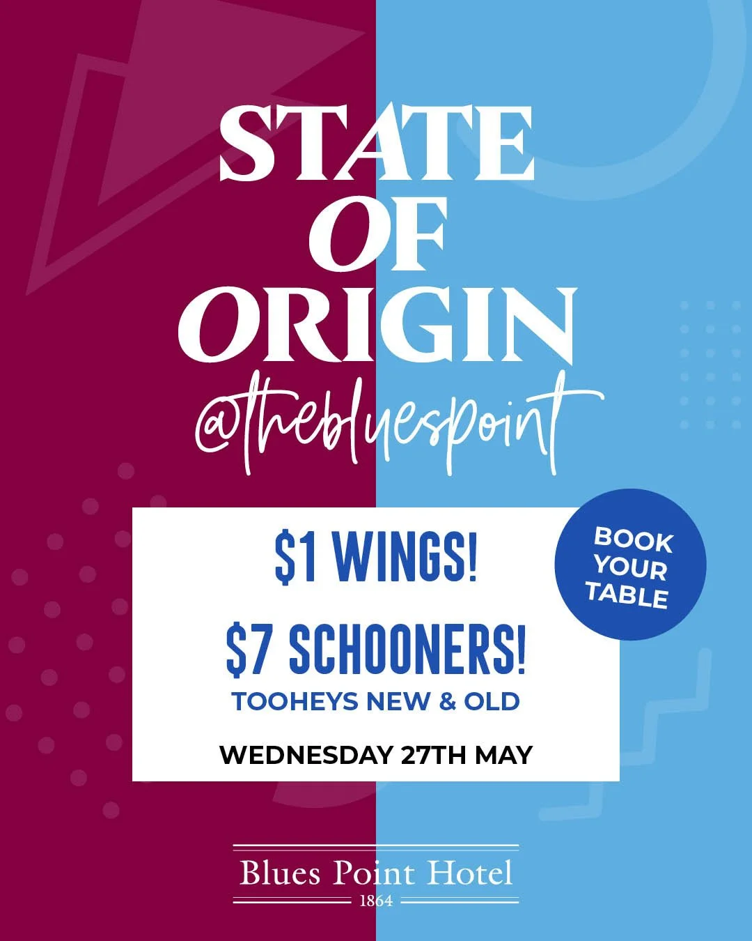 🏉Don't forget to book your table for Wednesday night - Game 1 of State of Origin LIVE and LOUD! 🙌⁠
⁠&bull; $7 Schooners Tooheys New &amp; Old⁠
&bull; $1 chicken wings - honey soy or chilli, minimum order 10😋⁠
&bull; Your chance to win an Origin Re