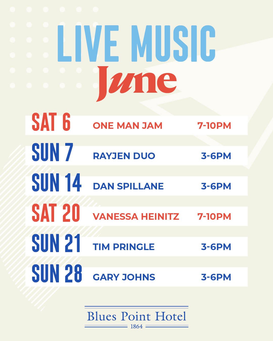 🎶 Hit save to keep hold of our HUGE Live Music line-up for JUNE 🙌 Can't wait to see you at The Blues Point!🍺⁠ ⁠
#seeyouattheblues #loveyourlocal⁠
JUNE⁠
&bull; Sat 6th June, 7pm - One Man Jam⁠
&bull; Sun 7th June, 3pm - RayJen Duo⁠
&bull; Sun 14th 