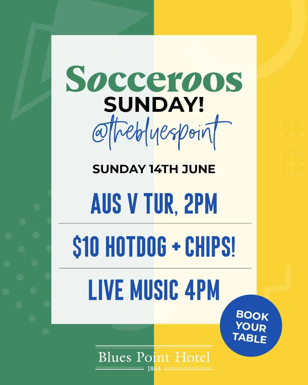 💚💛Cheer on the Socceroos at The Blues Point as they kick-off their World Cup bid this Sunday!⁠
⏰️ 2pm kick-off - Australia Vs Turkiye⁠
🌭 $10 Hotdog &amp; Chips⁠
🎶 Live music after the game with Dan Spillane 4-7pm⁠
🍺 We've also got $12 pints of G