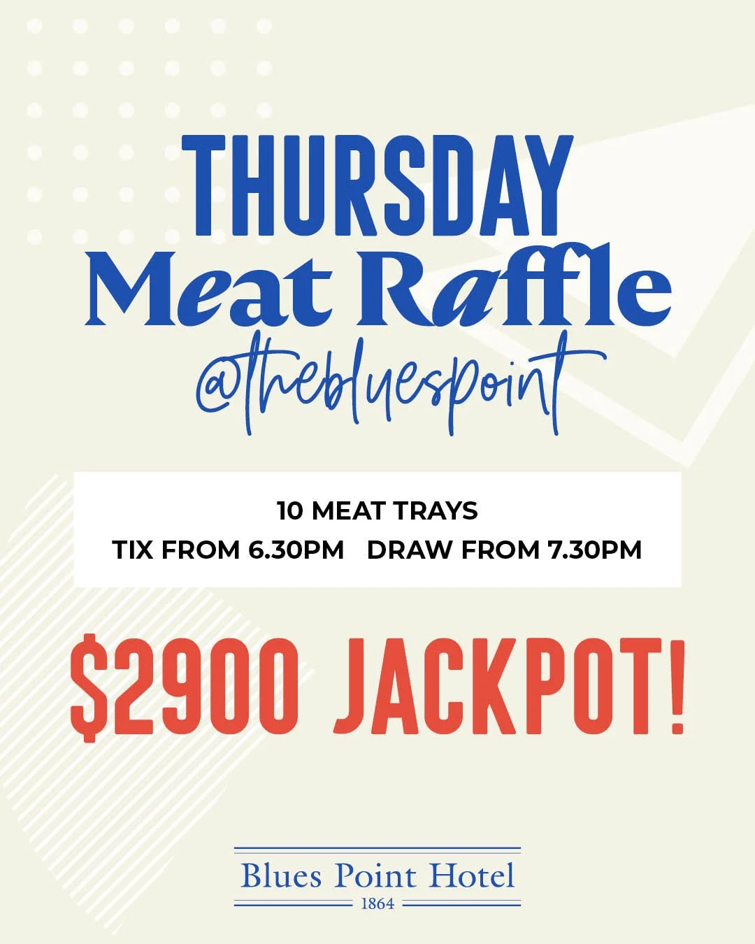 Thursdays at The Blues = ✔️$18 Schnitty ✔️Meat Raffles ✔️Cash Jackpot⁠ - tonight's jackpot is up to $2900!!!⁠
Raffle tickets on sale from 6.30pm⁠
⁠
🐔 Enjoy our deliciously golden Chicken Schnitzel served with chips, salad &amp; choice of sauce for j