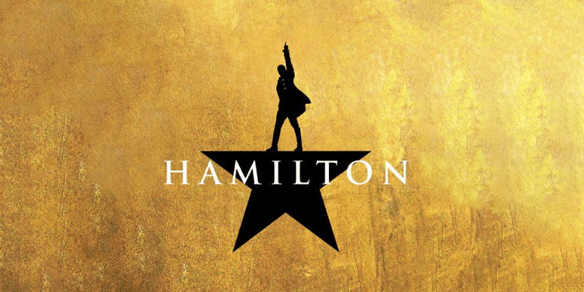 The logo for the musical 'Hamilton' features a silhouette of Alexander Hamilton standing on a black star, with the title 'HAMILTON' underneath, set against a textured gold background.