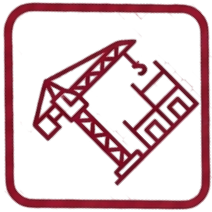Illustration of a red construction crane lifting a load against a red background.