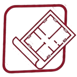 A digital architectural blueprint with a red outline of a building layout on a black background.
