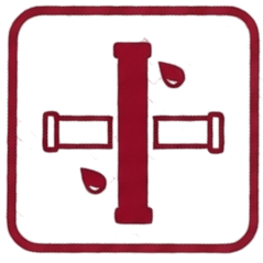 A red digital icon of a parking meter or ticket machine with a vertical body and a horizontal arm.
