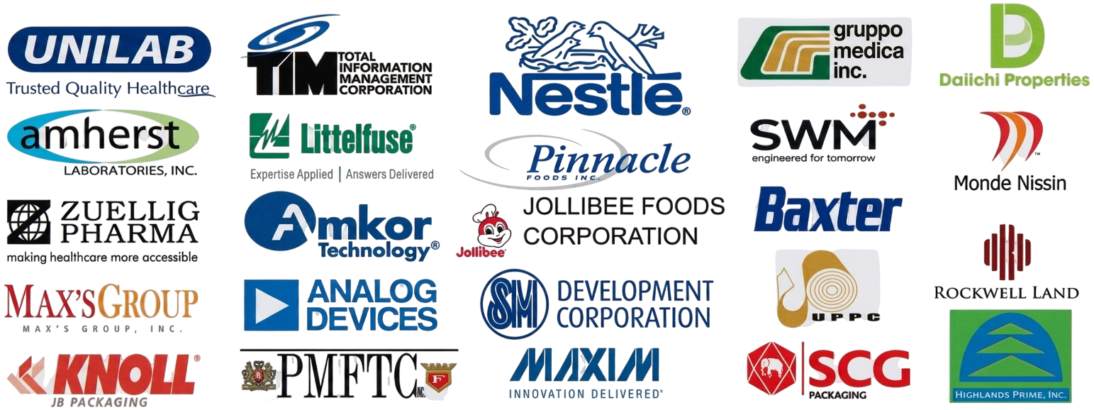 A collage of many company logos, including Unilab, Amherst, Nestle, Groupe Medica, Pfizer, Baxter, SCG Packaging, Highland Prime Inc., Maxis, Anker, Analog Devices, Zuellig Pharma, and others.