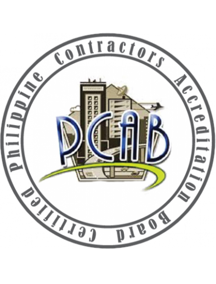 Logo of Philippine Contractors Accreditation Board (PCAB) featuring buildings, a satellite dish, and a construction crane, with the organization's name encircling the image.