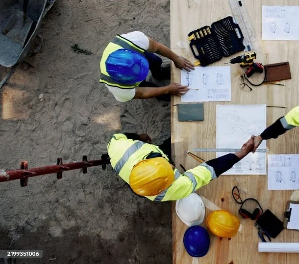 Construction workers in safety vests and helmets shaking hands over a table at a construction site.