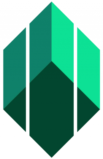 A geometric logo consisting of several elongated diamond shapes arranged vertically in shades of teal and dark green.