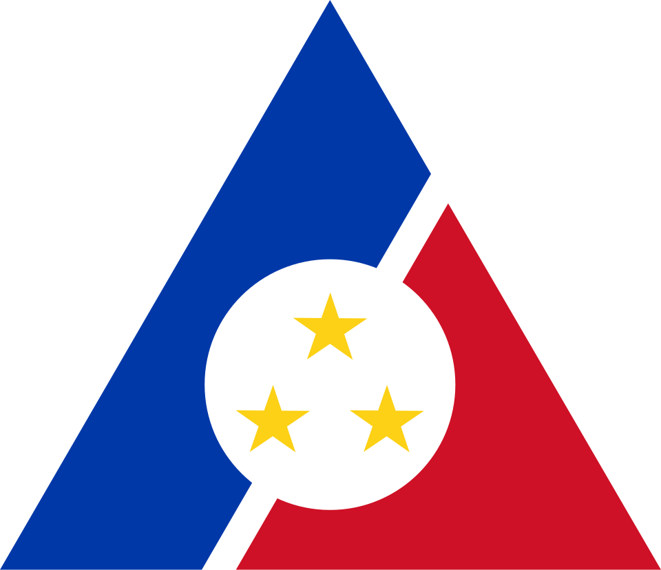 A triangular logo with blue on the left, red on the right, and white on the top. In the center, there is a white circle containing three yellow stars.