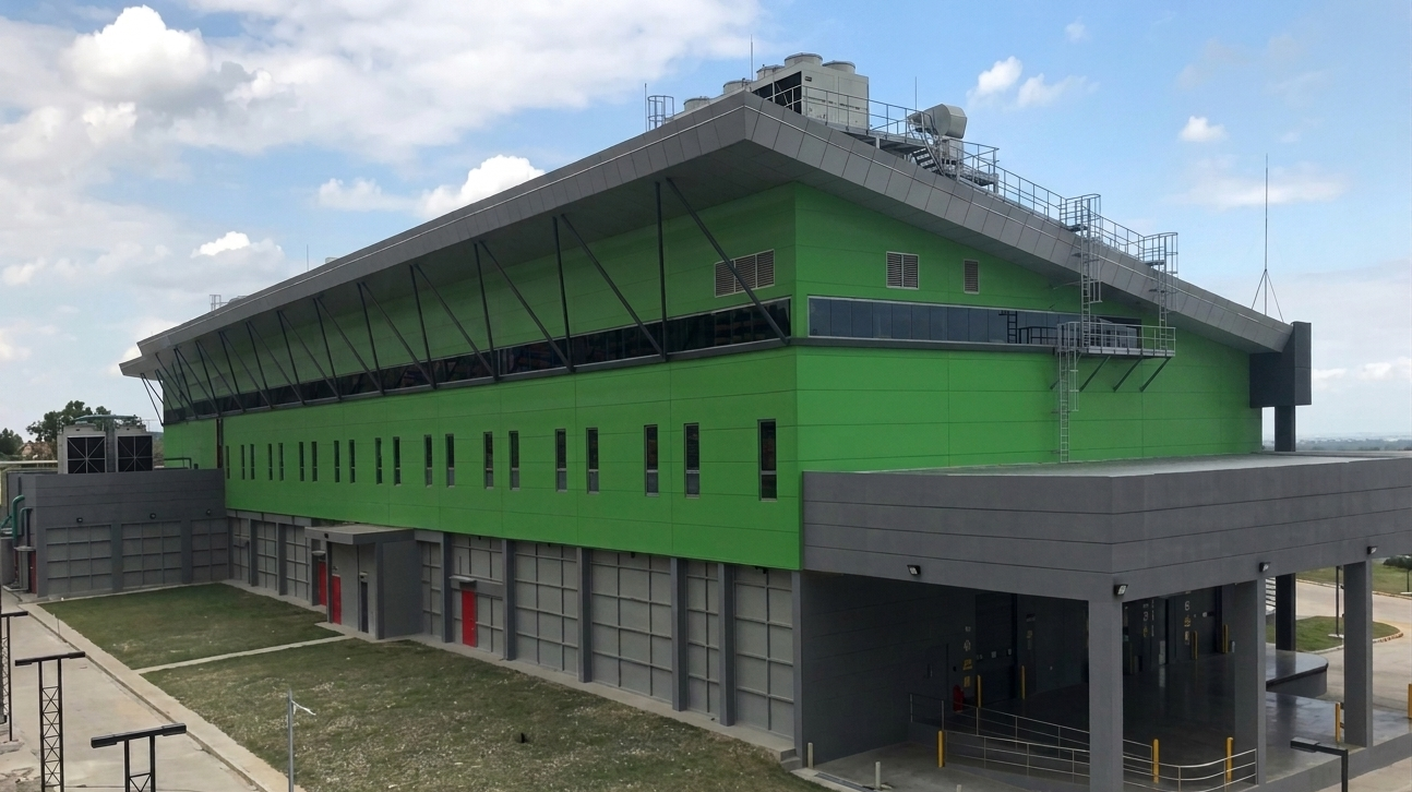 A modern building with a sloped roof, painted in green and gray, featuring multiple small windows and a large open garage area at the bottom.