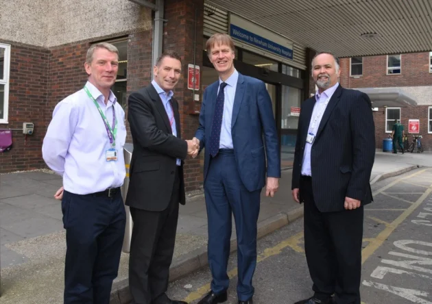 Stehen with Managing Director Chris Pocklington, Macmillan Lead Nurse for Cancer, Dr Barry Quinn, and Clinical Director for Surgery and Cancer, Dr Jason Saunders.