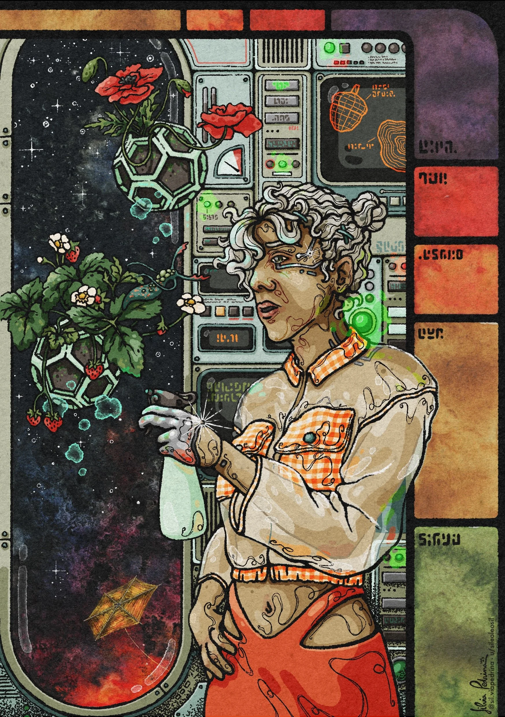 "Strawberries in space", digital+watercolor, 2025.