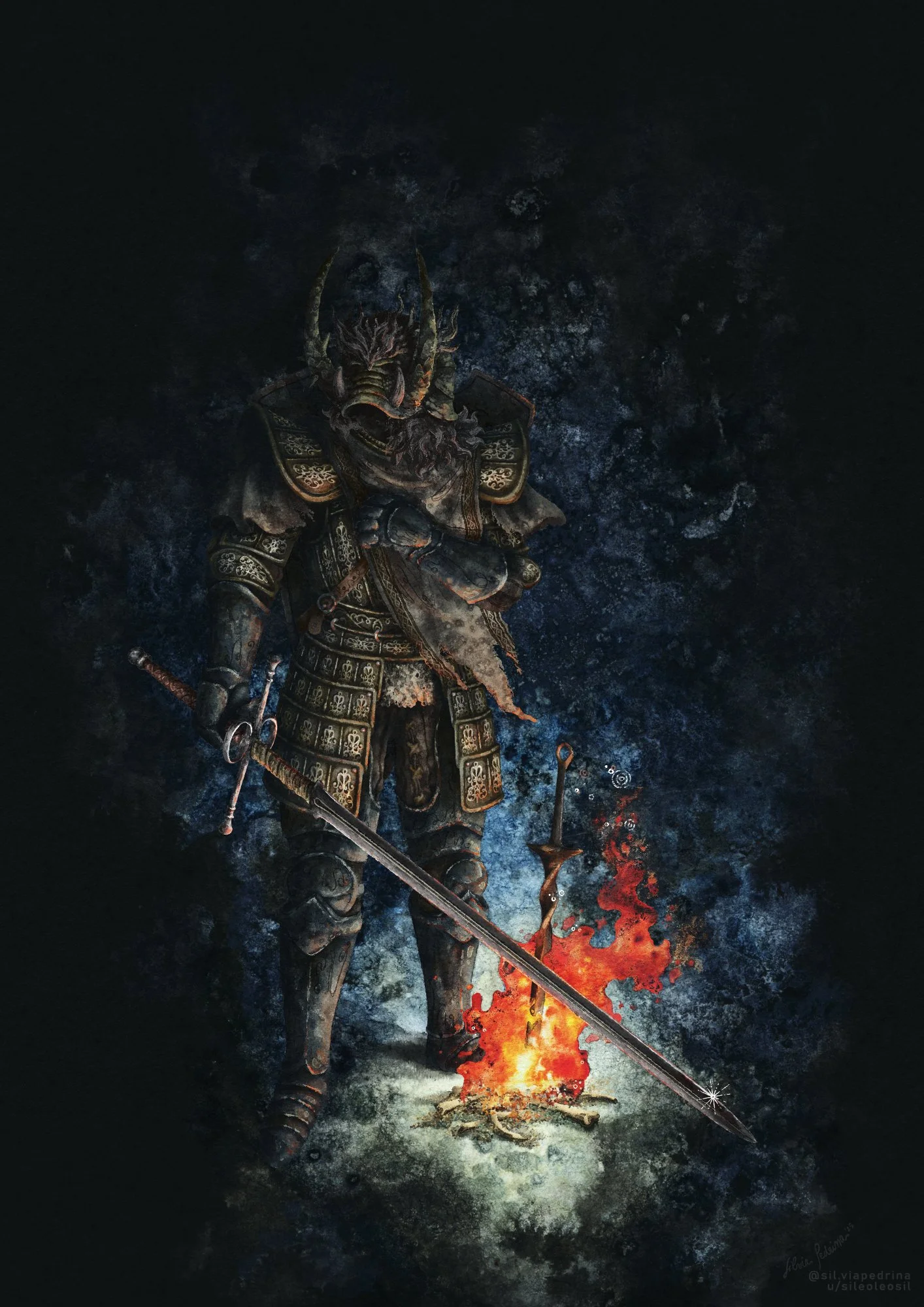 "A lone bonfire in the Abyss", digital+watercolor, 2025.