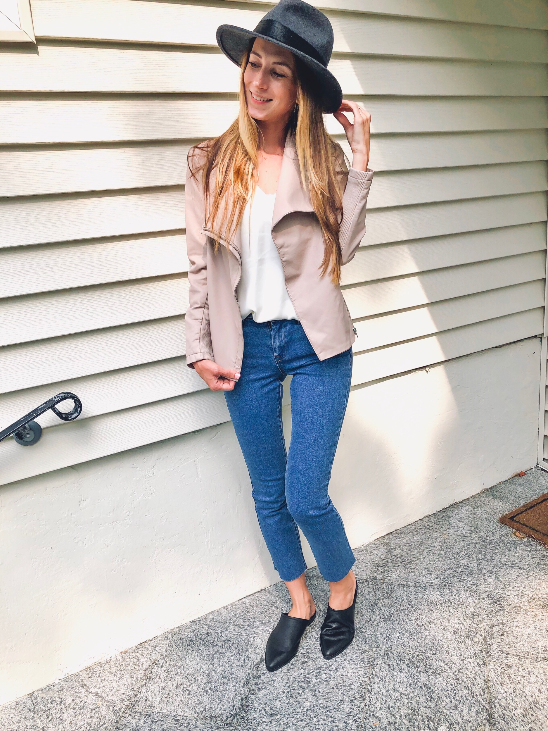 Loving this Something Navy Hat paired with this BB Dakota Faux Leather Jacket and cami, Blank NYC Jeans and Treasure & Bond mules
