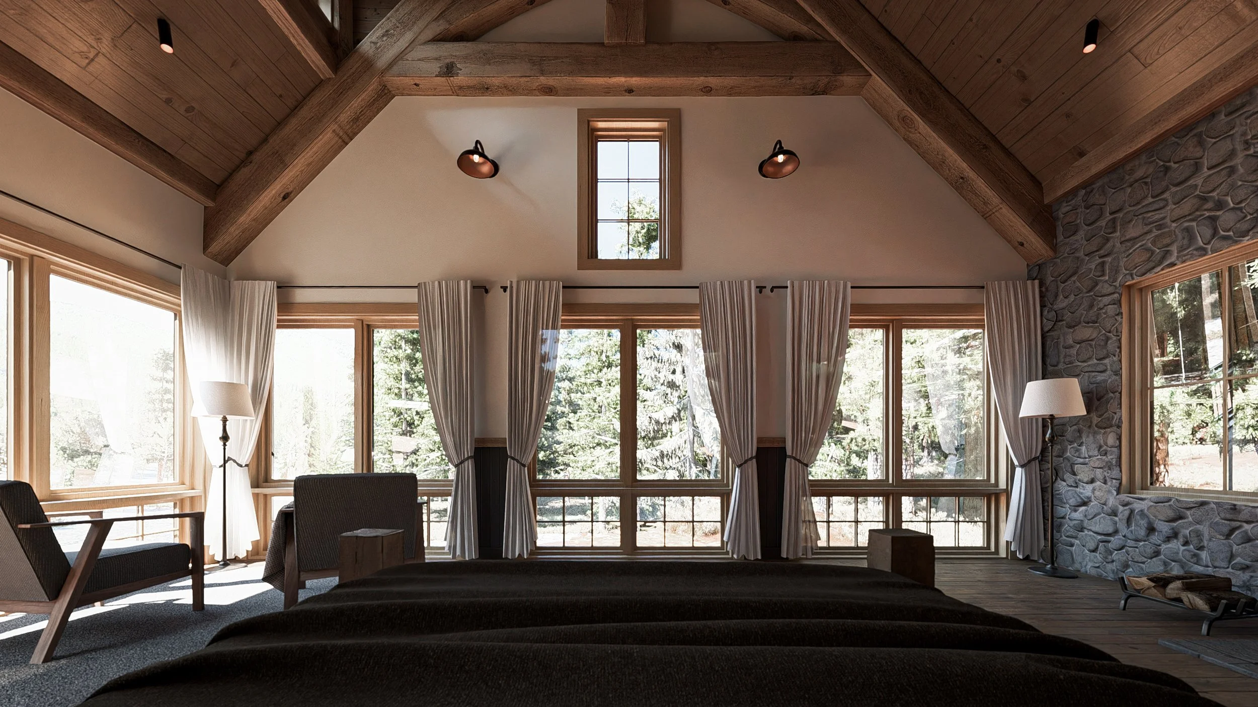 Interior of a rustic-style bedroom with large windows, white curtains, wooden beams on the ceiling, stone accent wall, and natural lighting.