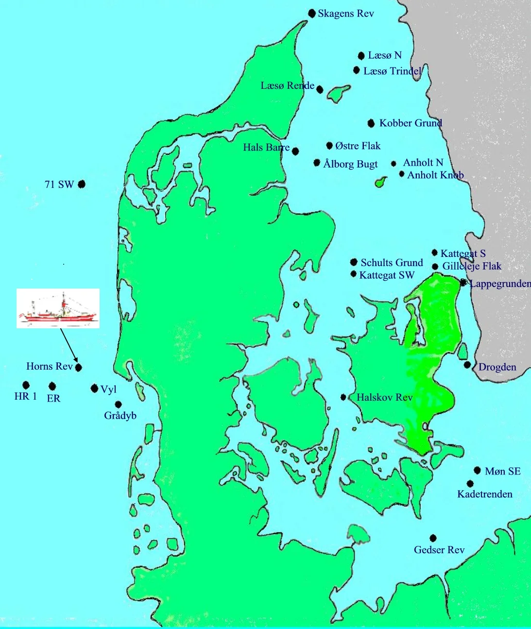 Danmarkskort over positionerne