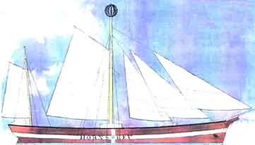 Fyrskibet XI med satte sejl ,dengang var der ikke el ombord. Petroleumslamper blev hejst op i den centrale hovedmast. Tegning fra Orlogsværftet i København 1879. Billed: "Royal danisch design" i Kolding DK