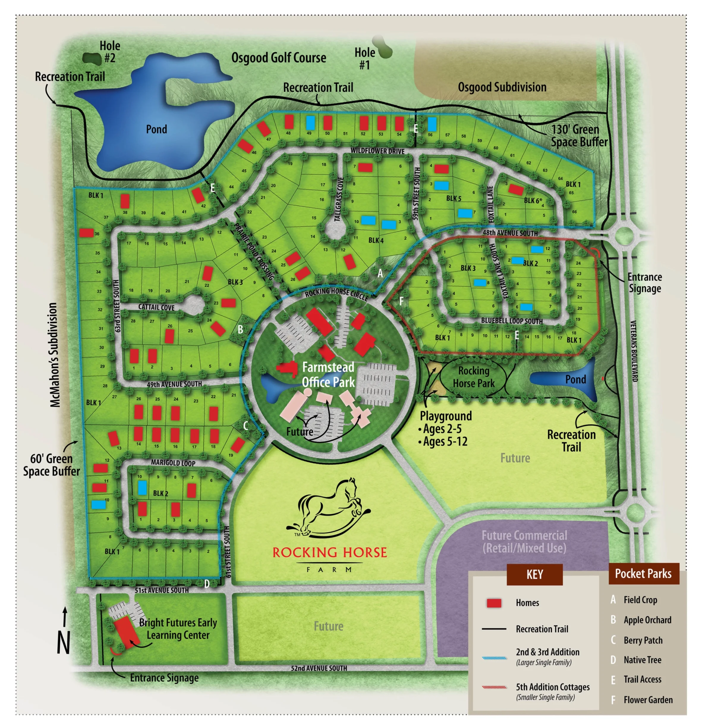 The red rectangles represent current homes and the blue rectangles represent new homes under construction.