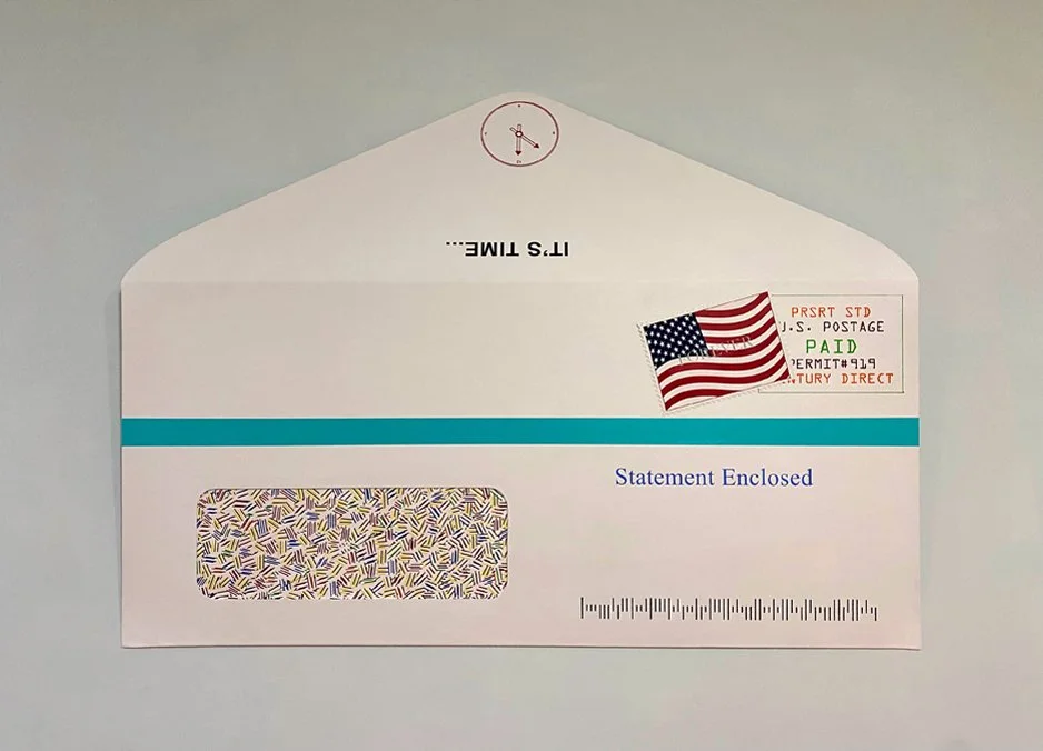 Extra Postage, Oil, alkyd, acrylic, modeling paste on canvas, Lineco adhesive, mounted to aluminum. Aluminum bracket. 42” H x 57 1/2” W x 3 1/4” D. 2024-2025.