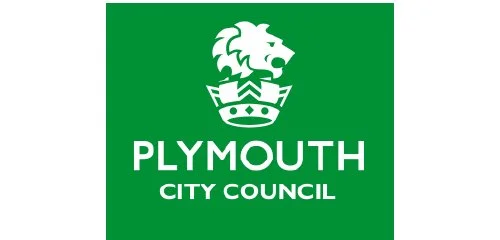 Green background with a white lion wearing a crown, and the text 'Plymouth City Council' in white below the lion's head.