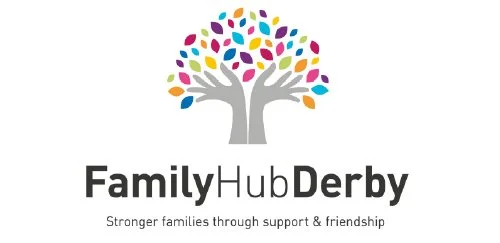 Logo for Family Hub Derby featuring a tree with colourful leaves and grey hands forming the trunk, with the tagline "Stronger families through support & friendship."