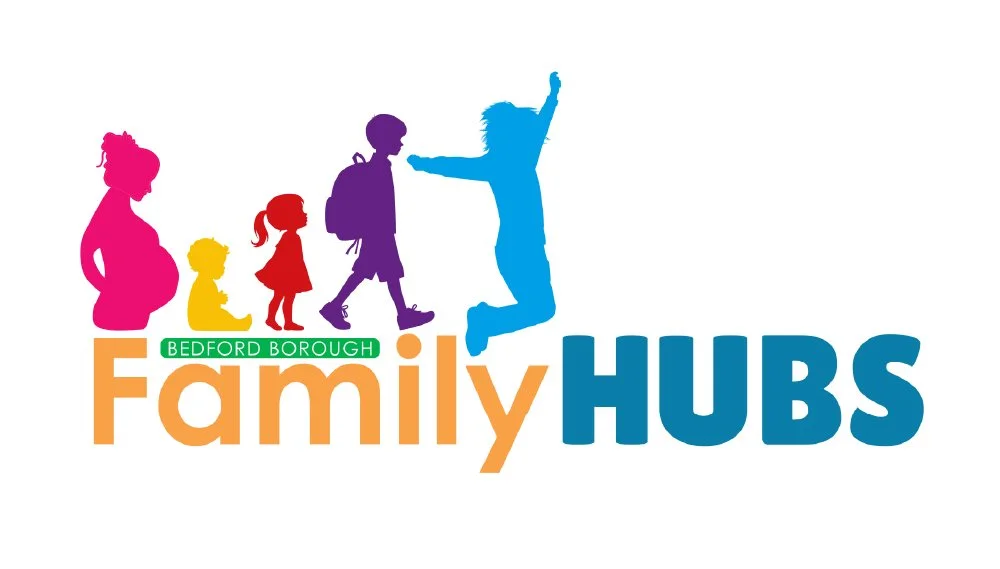Logo for Bedford Borough Family Hubs featuring colorful silhouettes of various family members and children, with the text 'Bedford Borough Family Hubs'.