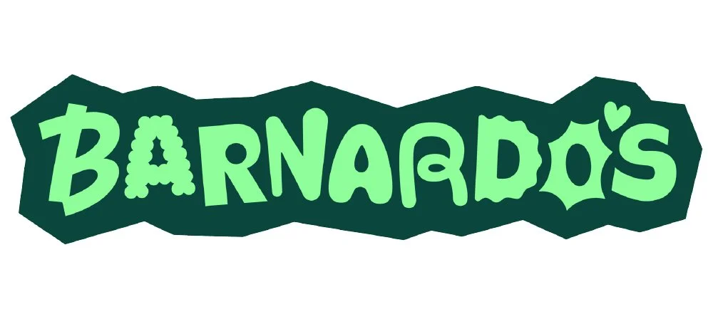 Barnardo's logo in a green, playful font with a dark background.