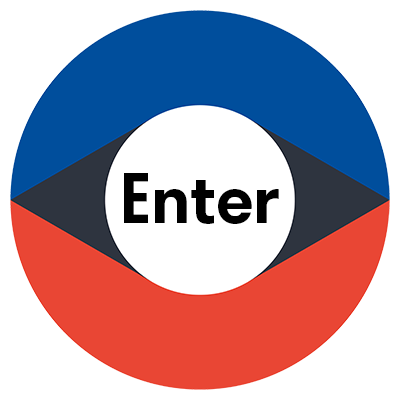 A circular button with a red and blue half circle background and a black diamond in the middle. Inside the diamond is the word 'Enter' in black text on a white circular background.