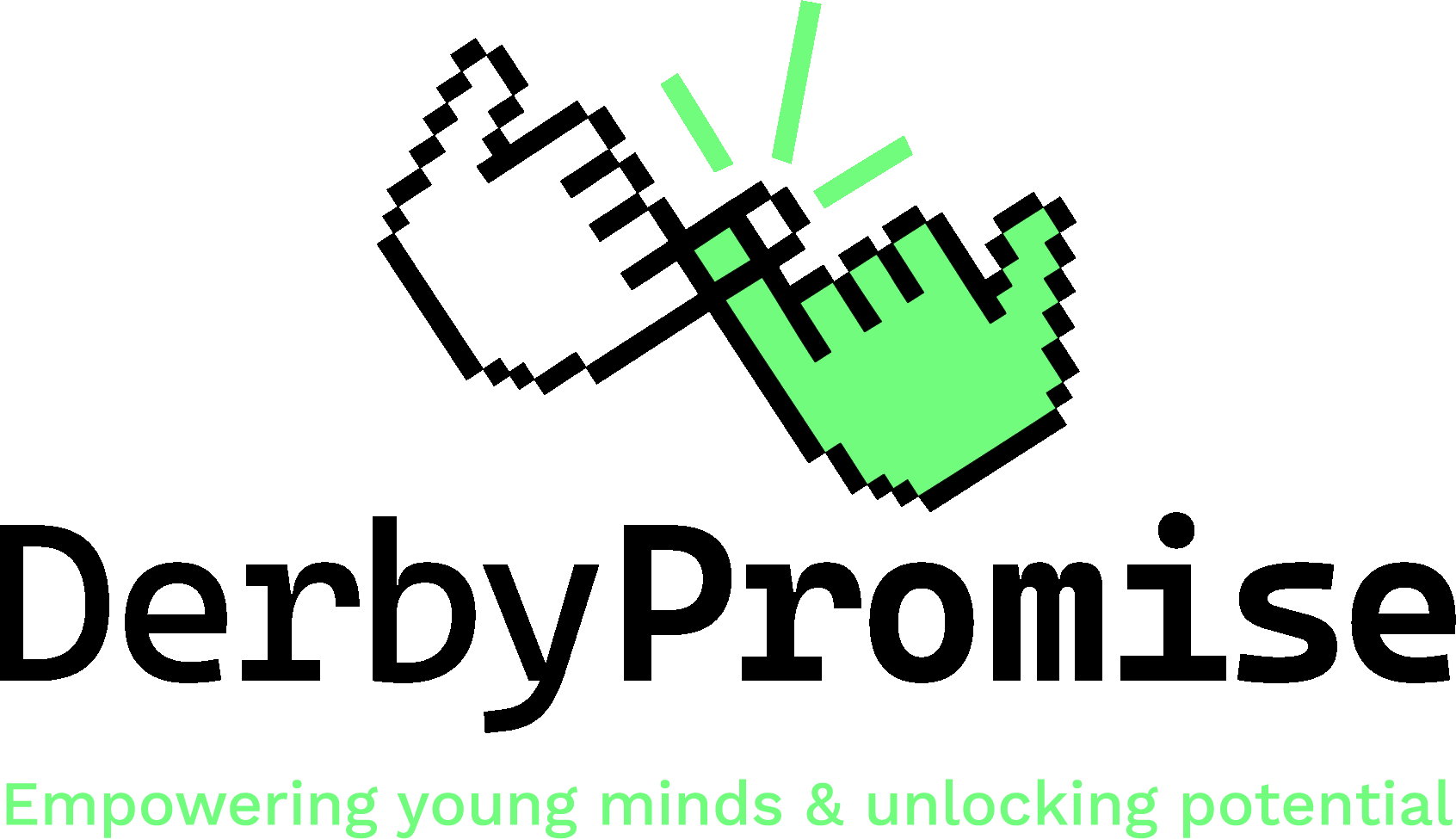 Pixelated hand cursor clicking on a green hand icon, with text 'DerbyPromise' and slogan 'Empowering young minds & unlocking potential'. 