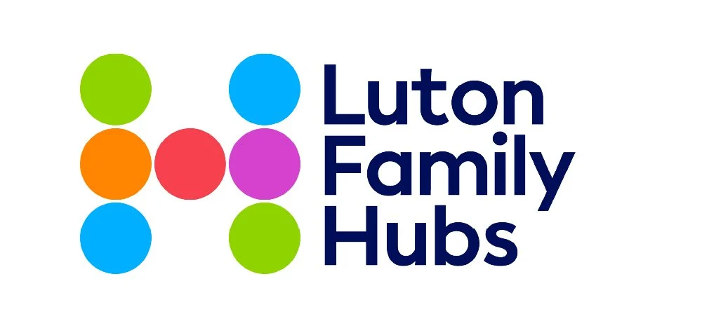 Logo for Luton Family Hubs with colorful circles and text