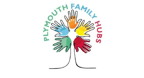 A colorful logo with the text 'PLAYMOUTH FAMILY HUBS' around a tree made of five interlocking hands in different colors: blue, orange, yellow, green, and red.