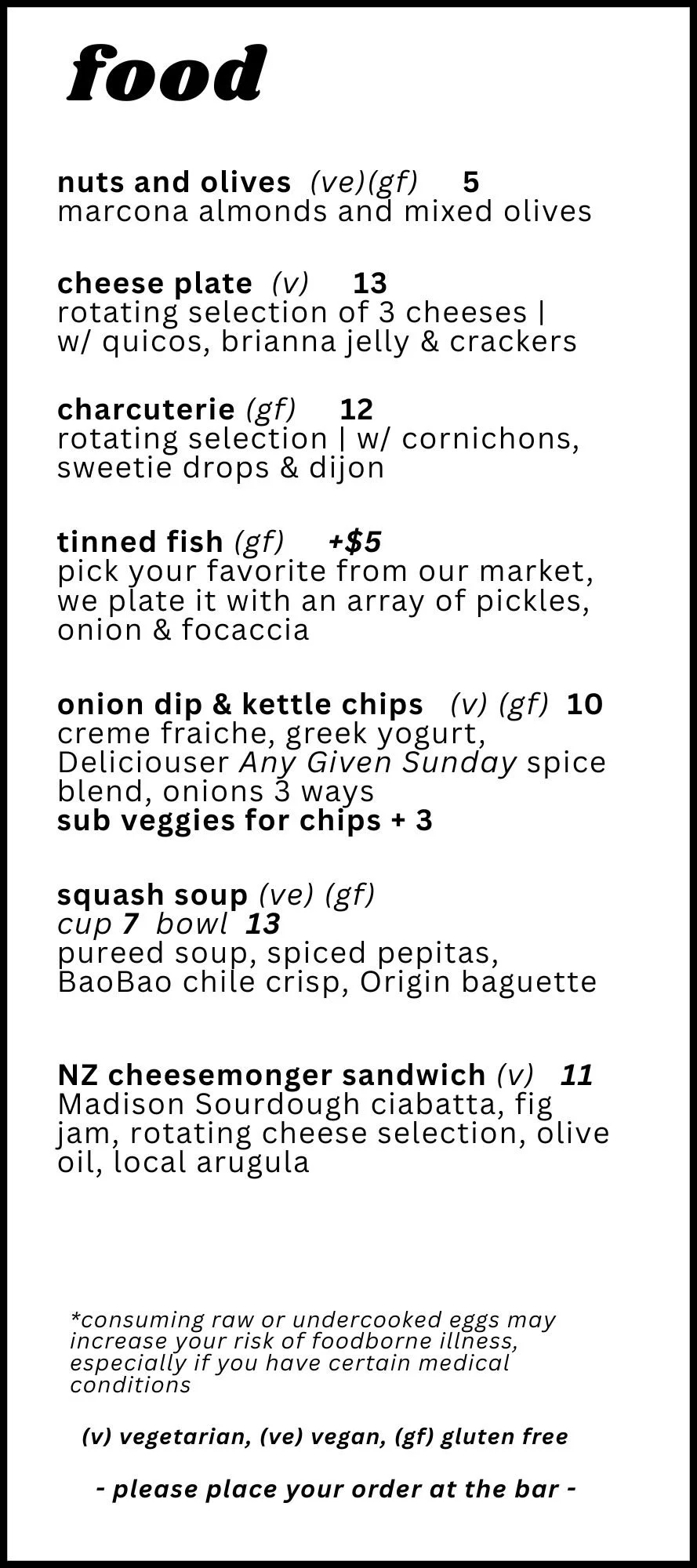 food menu changing seasonally