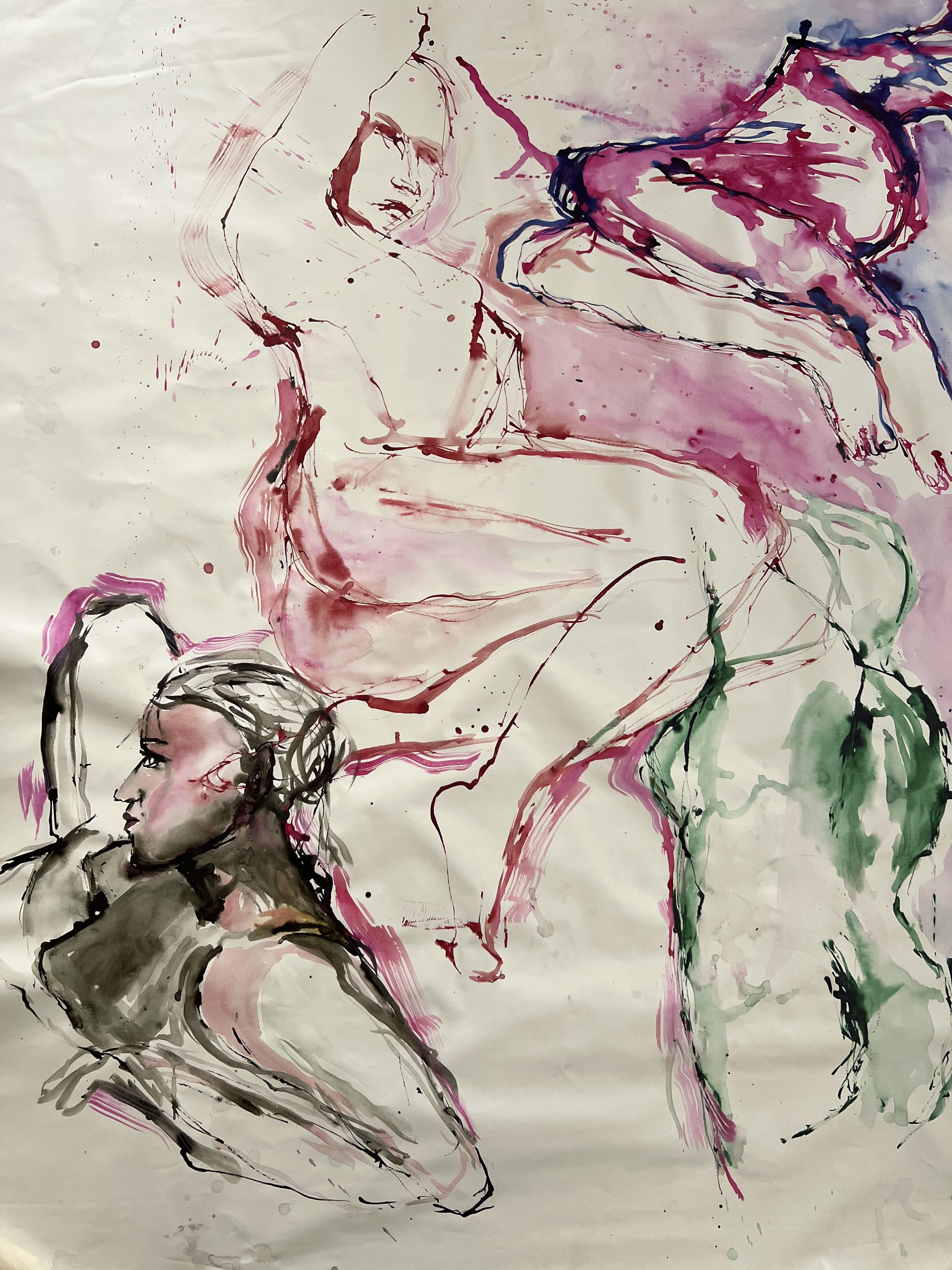 The Flow of Movement, watercolour on unstretched canvas, 170 x 140 cm, 2021