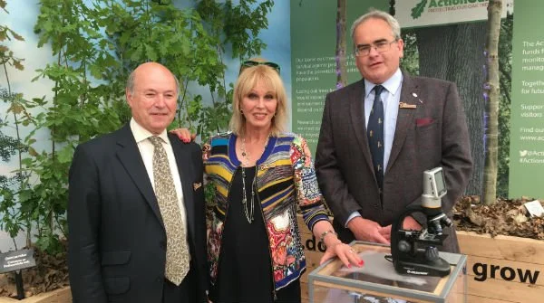Woodland Heritage Trustee, Geraint Thomas, with Joanna Lumley and Lord Gardiner, at the launch of Action Oak at Chelsea Flower Show