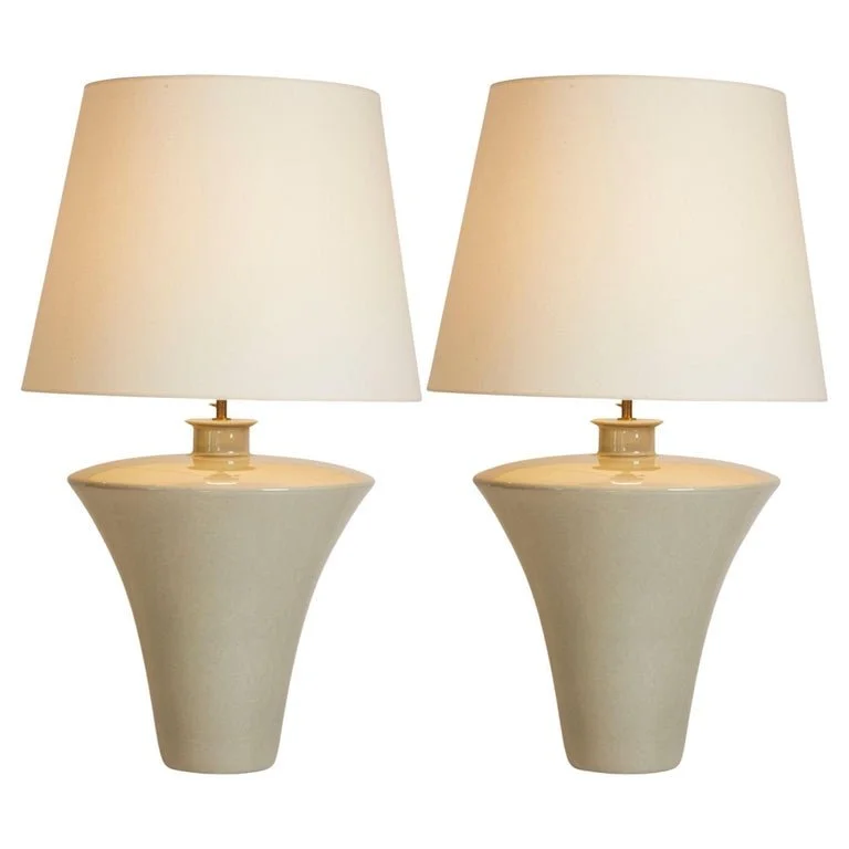 France 1970's Pair of Griege Large Scale Pottery Lamps