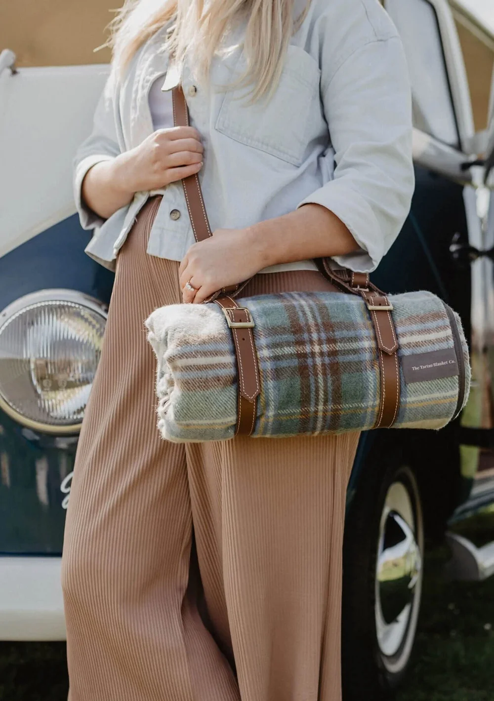 Recycled Wool Picnic Blanket and Leather Picnic Carrier with Shoulder Strap  — Paris Underground