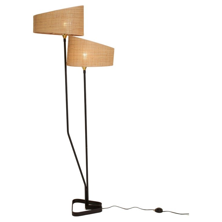 France Black Metal Floor Lamp & Raffia Shades