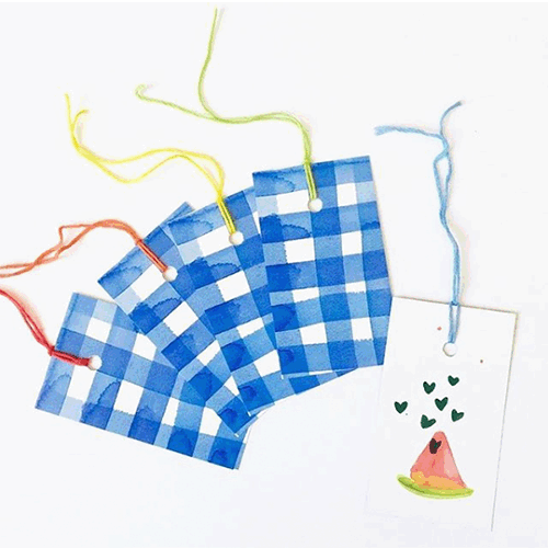 custom hangtags and gift tags featuring C’EST LA VIV watercolor prints