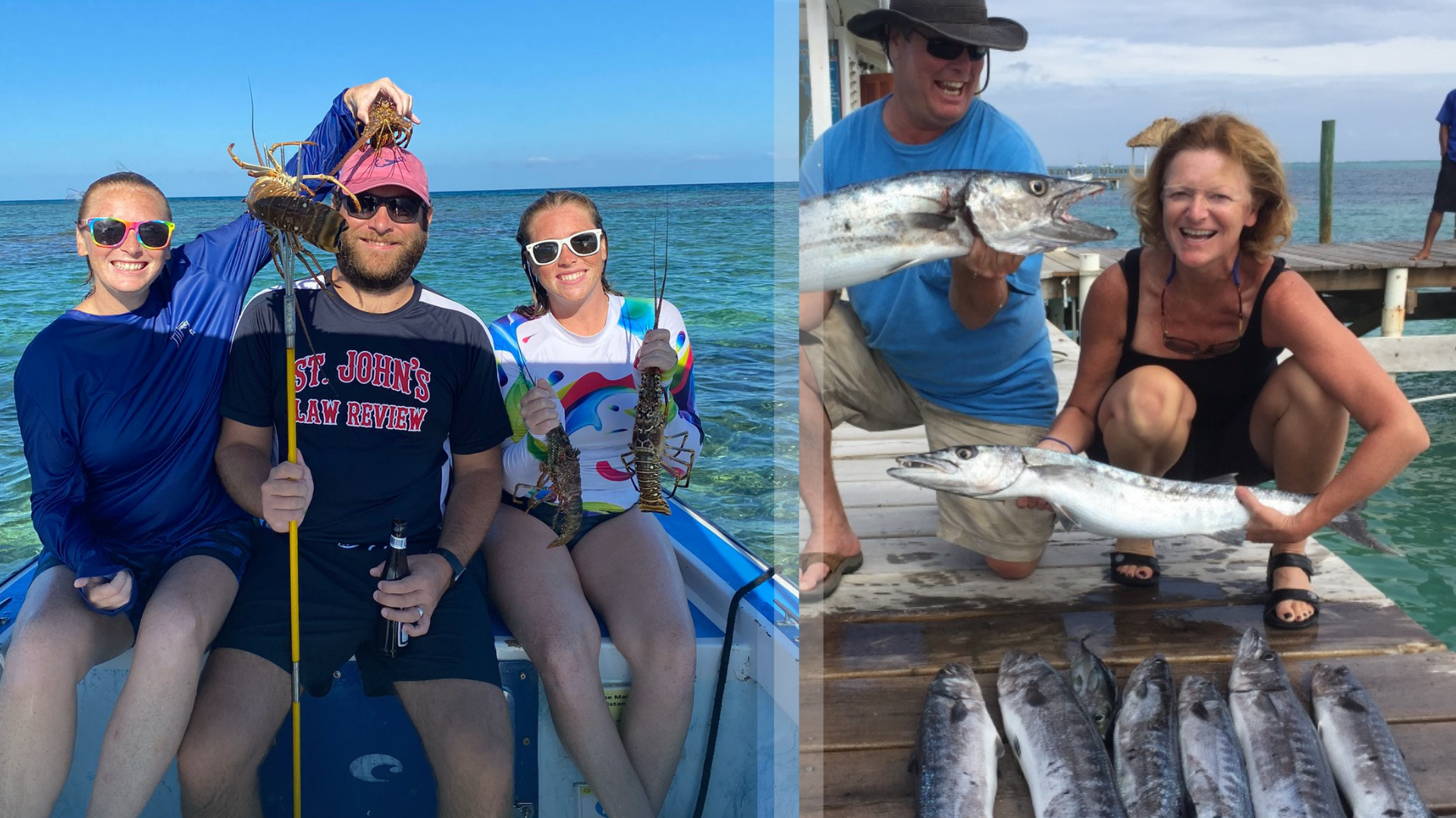 Guests enjoy a Belize fishing and lobster adventure, holding freshly caught Caribbean spiny lobsters and fish beside the turquoise sea.