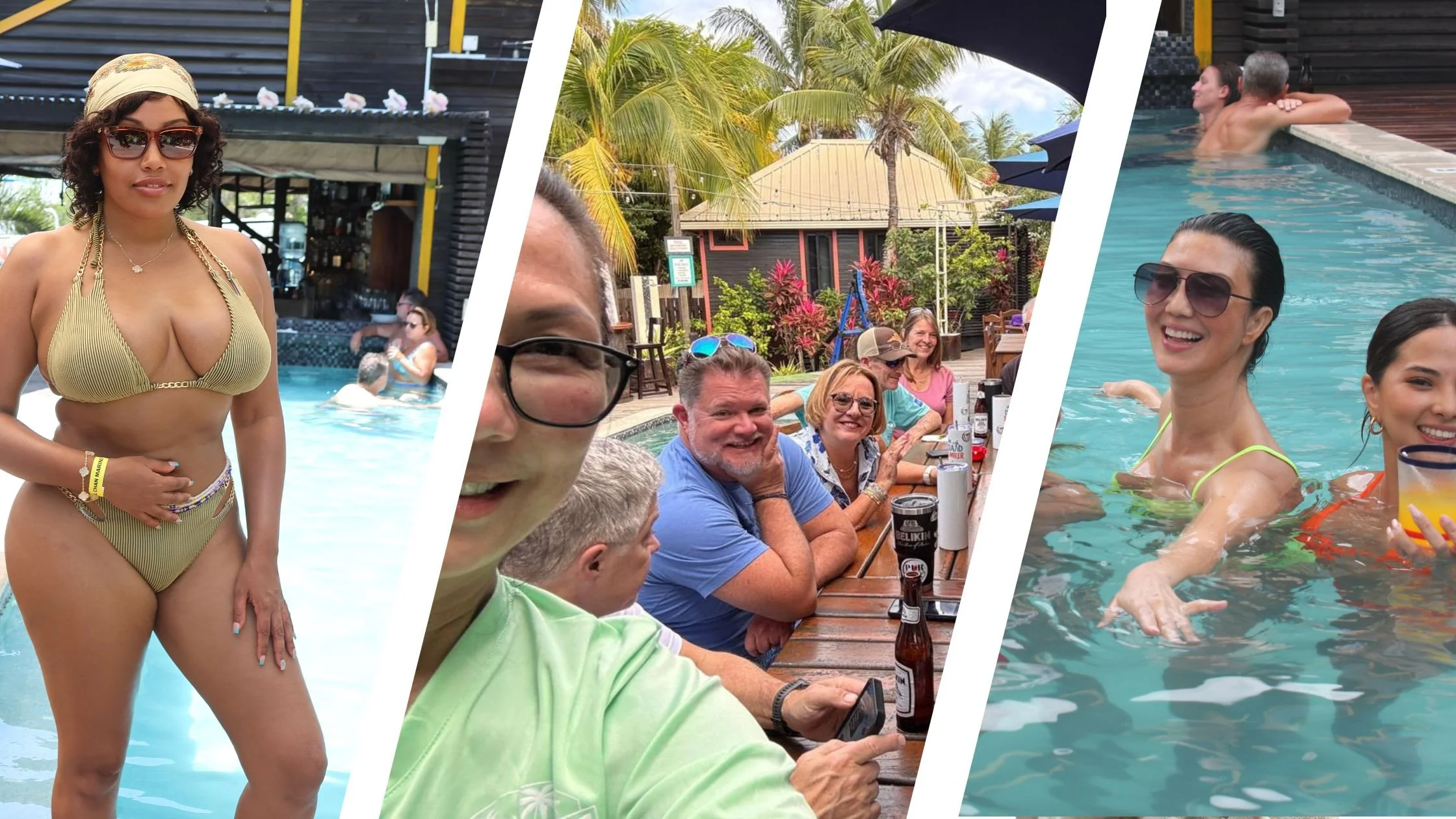 Guests relaxing by the pool and enjoying tropical dining at Pur Boutique Cabanas Belize, featuring boutique cabanas Ambergris Caye experiences.
