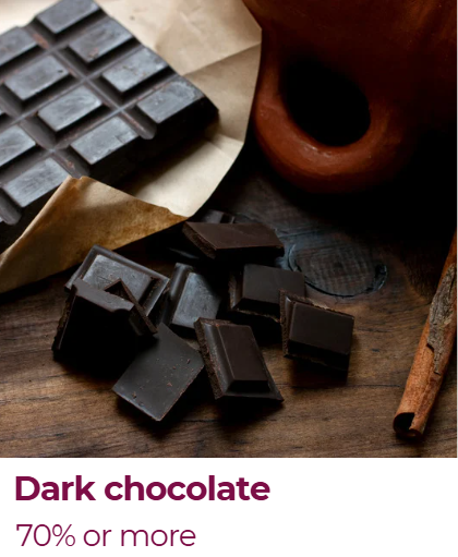 Various pieces of dark chocolate on a wooden surface with a cinnamon stick and a brown pot in the background.