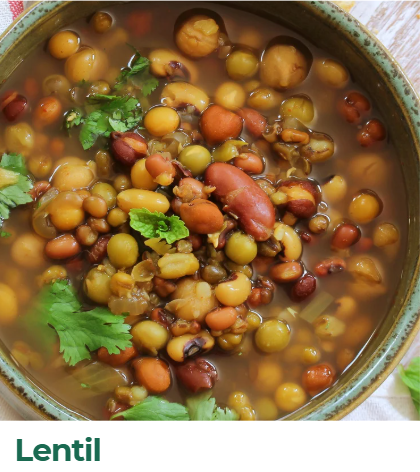 A bowl of cooked lentils with cilantro and a visible broth.