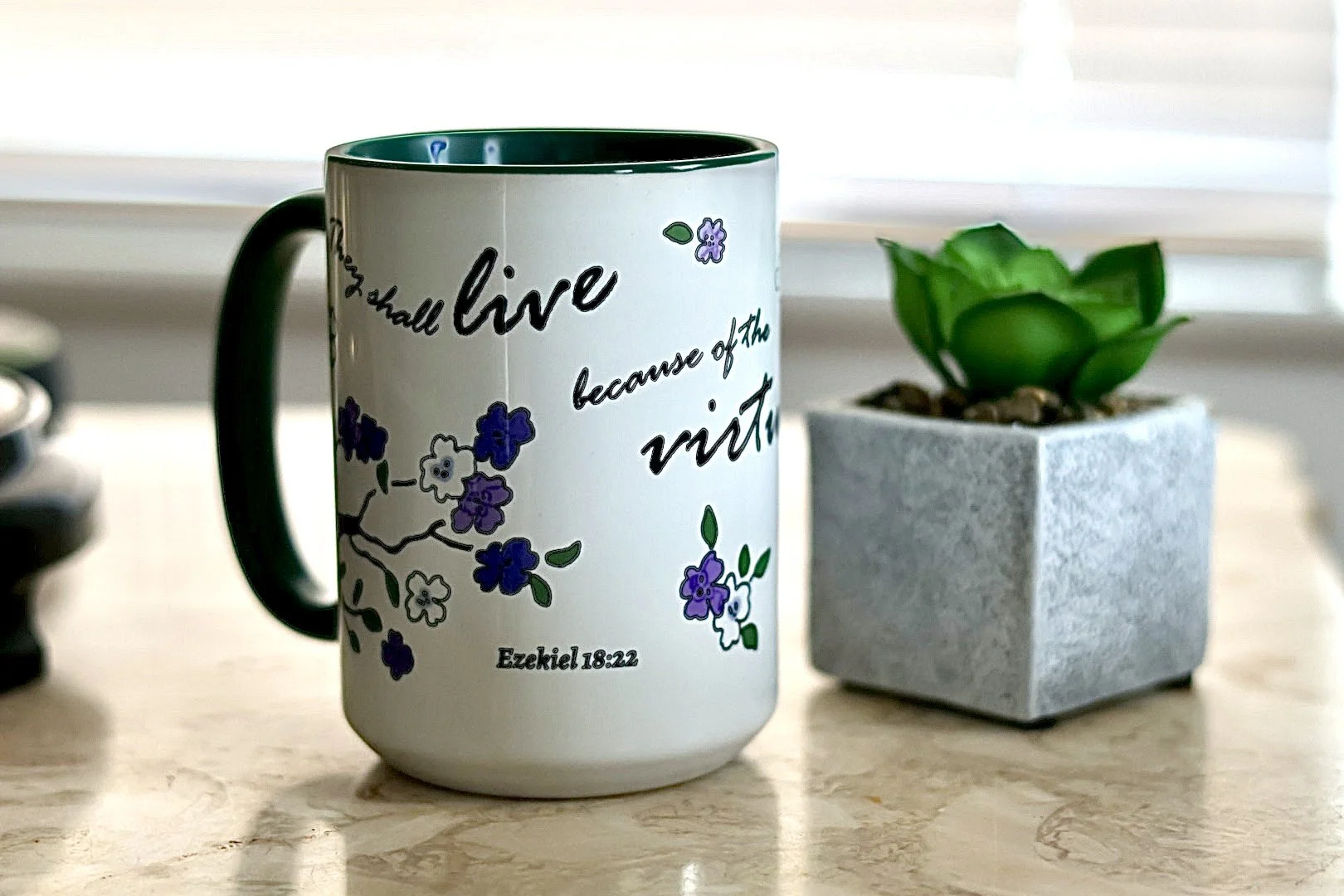 "They shall live..." white glossy mug with color inside
