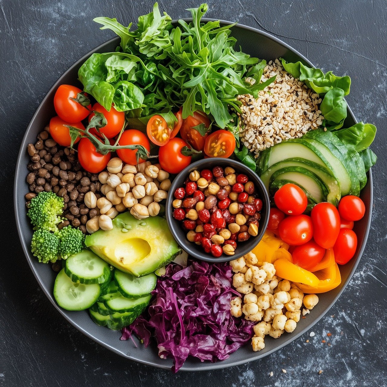 A platter of fresh vegetables including cherry tomatoes, sliced cucumbers, avocado, purple cabbage, cauliflower, yellow bell pepper, spinach, arugula, lettuce, and a side of mixed beans, lentils, and grains.