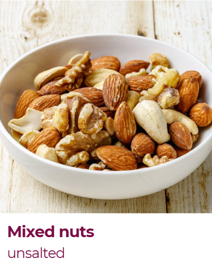 A white bowl filled with mixed unsalted nuts including almonds, cashews, walnuts, and possibly other nuts, placed on a light wooden surface.