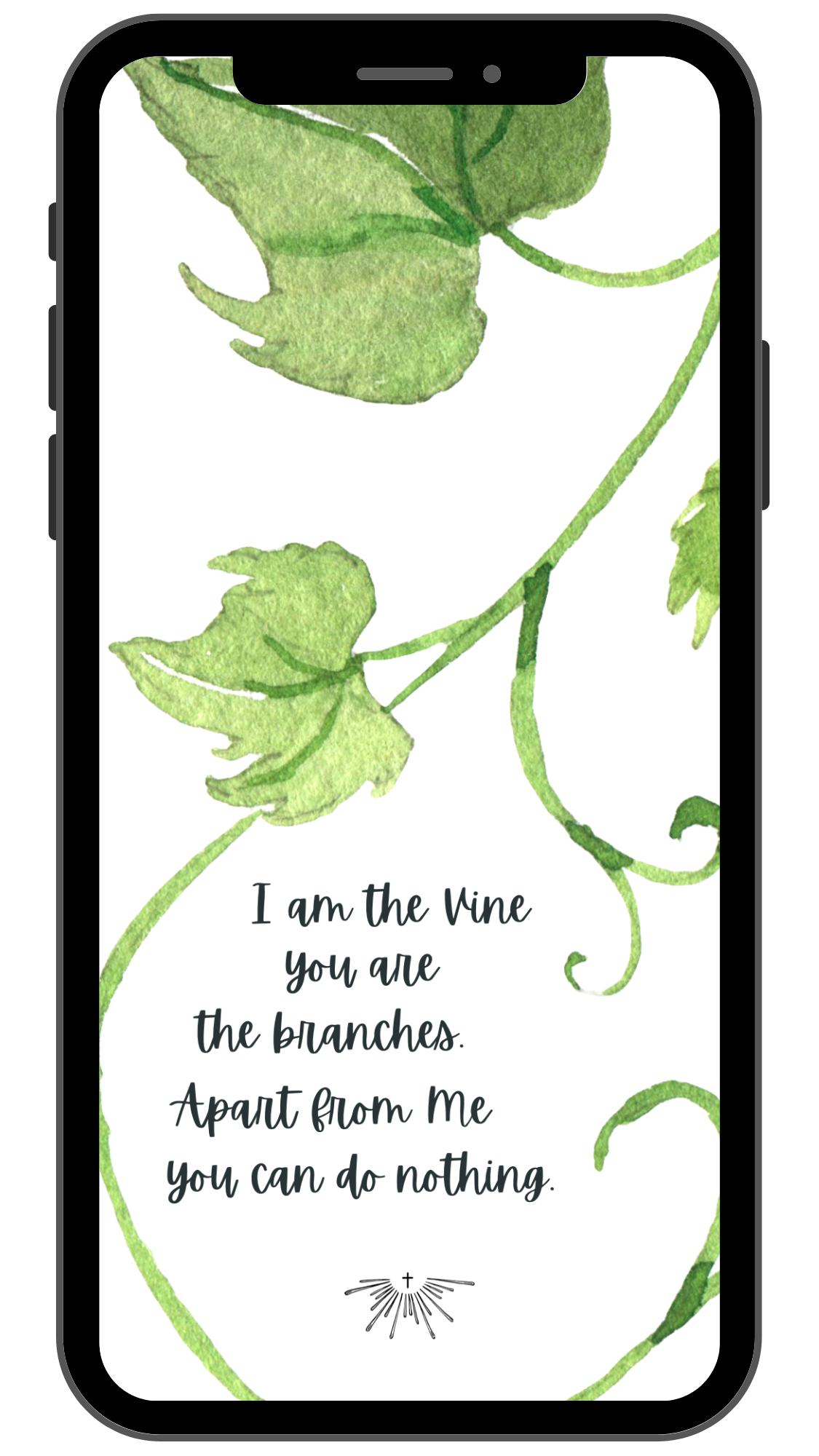 Watercolor illustration of green vine leaves and tendrils on a smartphone screen. The screen displays a religious message with a small cross and radiating lines at the bottom.