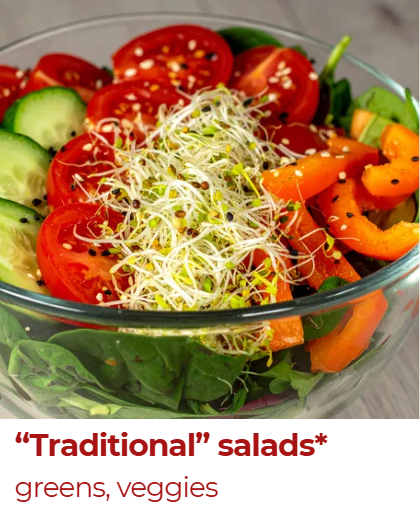 A glass bowl filled with traditional salad ingredients, including cherry tomatoes, cucumber slices, shredded sprouts, spinach leaves, and sliced bell peppers.