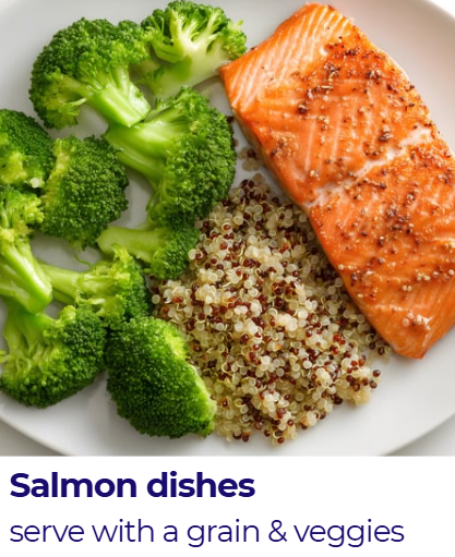 Cooked salmon fillet with steamed broccoli and cooked quinoa on a white plate.