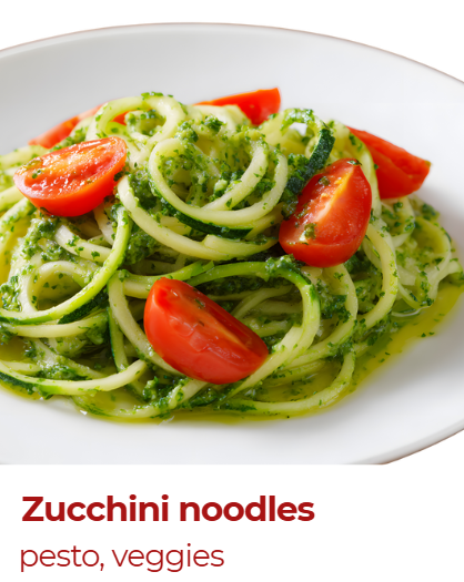 A plate of zucchini noodles mixed with pesto and cherry tomato halves.