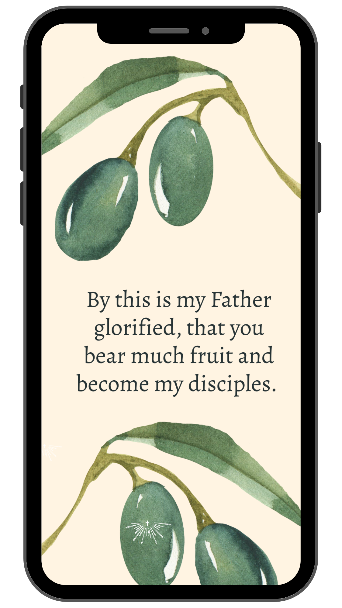 Watercolor illustration of an olive branch with olives, accompanied by a Bible verse about discipleship.